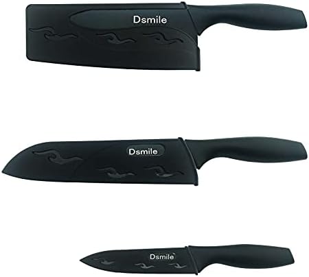 Dsmile 3 חתיכות נירוסטה סכין מטבח, סט (סכין שף, סכין יפנית, סכין קילוף) עם לבוש גומה וסכין מכסה, השף בישול חיתוך