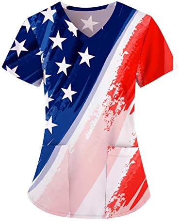 העליון לנשים יום העצמאות דגל להדפיס חולצה שרוול קצר Workwear חולצה אופנה אמריקה דגל הדפסה V-צוואר חולצות