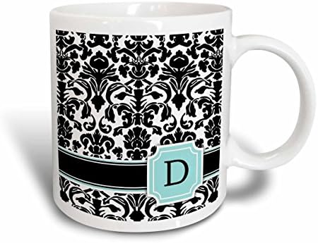 3dRose מכתב D אישית במונוגרמה מנטה, כחול, שחור ולבן דמשק תבנית הספל, 11 עוז