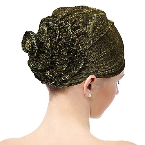 פרח כובע כימותרפיה טורבן עבה, מבריק ומתוח, הראש בצעיף Headwrap ביני (זהב כהה)