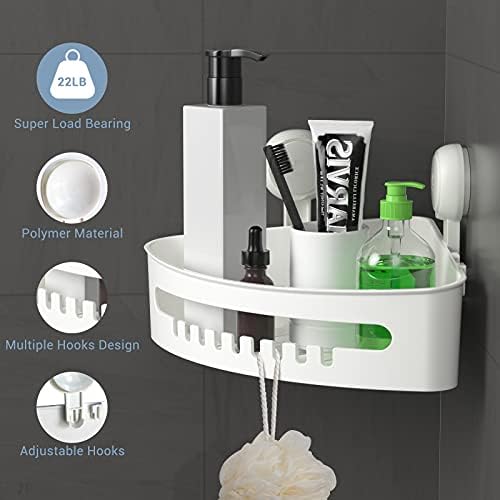 פינת מקלחת הקאדילק כוס יניקה, פלסטיק לשימוש חוזר מקלחת הקאדילק מחזיק עד 22LB, מקלחת פינת מדף שמפו, מרכך, הר קיר מקלחת