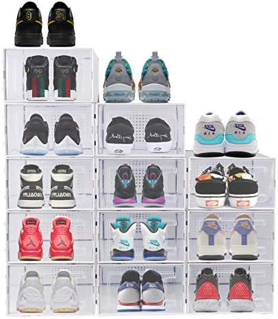 Bengenta 12 חבילות נעליים אחסון קופסאות פלסטיק שקופות Stackable הנעל ארגונית פחים,פתיחת חזית הנעל בעל מכולות (לבן)