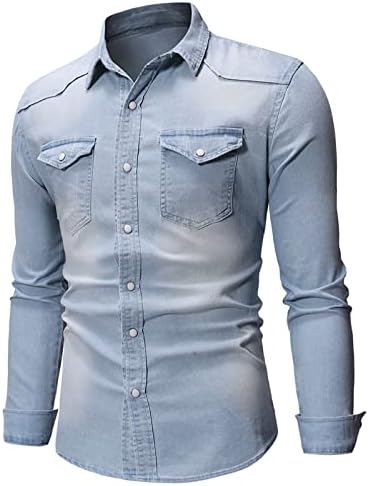 Ozmmyan חולצות לגברים מוצק צבע כיס כפתור דש צווארון שטף ג ' ינס שרוול ארוך האביב של הגברים חולצה