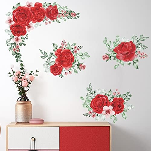 Dozesheep ורד אדום פרחוני מדבקות קיר נשלפת מקלפים ומדביקים פרחים, עלים ירוקים קיר ארט ציורי קיר לילדים, בייבי בנות חדר