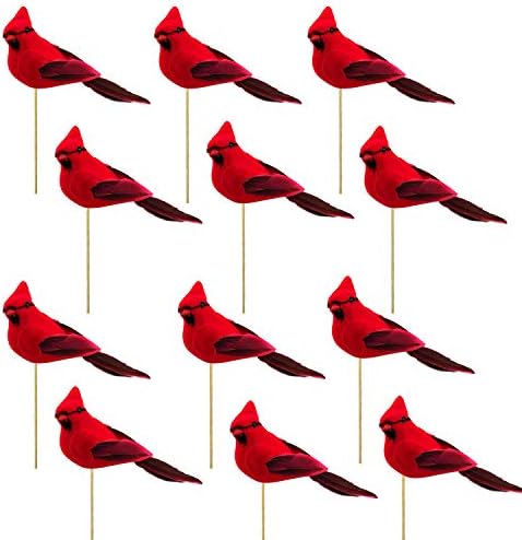 Alpurple 12 חבילות מלאכותי קרדינל אדום ציפורים על מקל עץ חג-מולד מציאותי קרדינל אדום פרחוני מרים עבור עץ חג מולד קישוט
