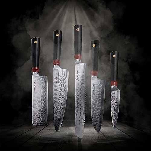 טו דמשק סט סכינים עם עץ רחוב - מקצועי סכין מטבח, סט יפני - AUS-10 דמשק פלדה & מאחז G10 ידית טבעת D-סדרה - 6 יח ' סט