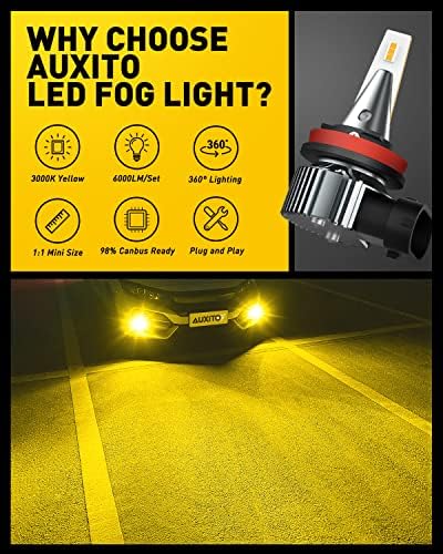 AUXITO H8 H11 H16 LED ערפל אור הנורה Fanless, ענבר צהוב, חזק כוח חדירה, תוחלת חיים ארוכות, Plug and Play, Canbus שגיאה