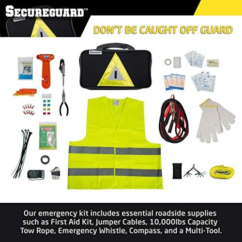 Secureguard חירום בצד הדרך ערכת ציוד - הגרסה החדשה כוללת בטיחות פטיש, ערכת עזרה ראשונה, כבלים, חבל גרירה, פנס LED, כפפות,
