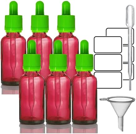 בקבוק טפי צבעוני(חבילה של 6) 1oz /30מ ל - 2pcs צהוב, 2pcs אדום, 2pcs סגול בקבוקי זכוכית עם ירוק לסחוט טיפה קאפ.כוללים