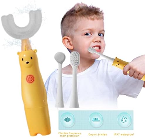 ילדים מברשת שיניים חשמלית עם 2 להחלפה מברשת עץ, ניקוי עמוק Chargable עמיד למים דוב חמוד אופנה מברשת שיניים